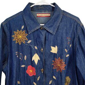 Vintage 90s Embroidered Denim Shirt Women XL 14 16 Button Leaves Fall Floral Top